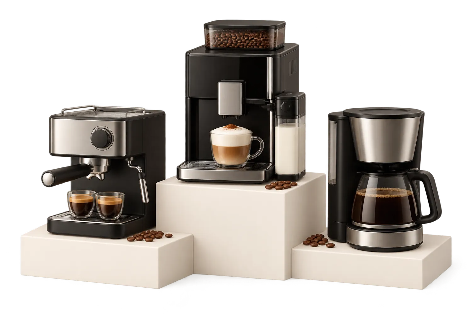 Trois machines à café sur des podiums de hauteurs différentes