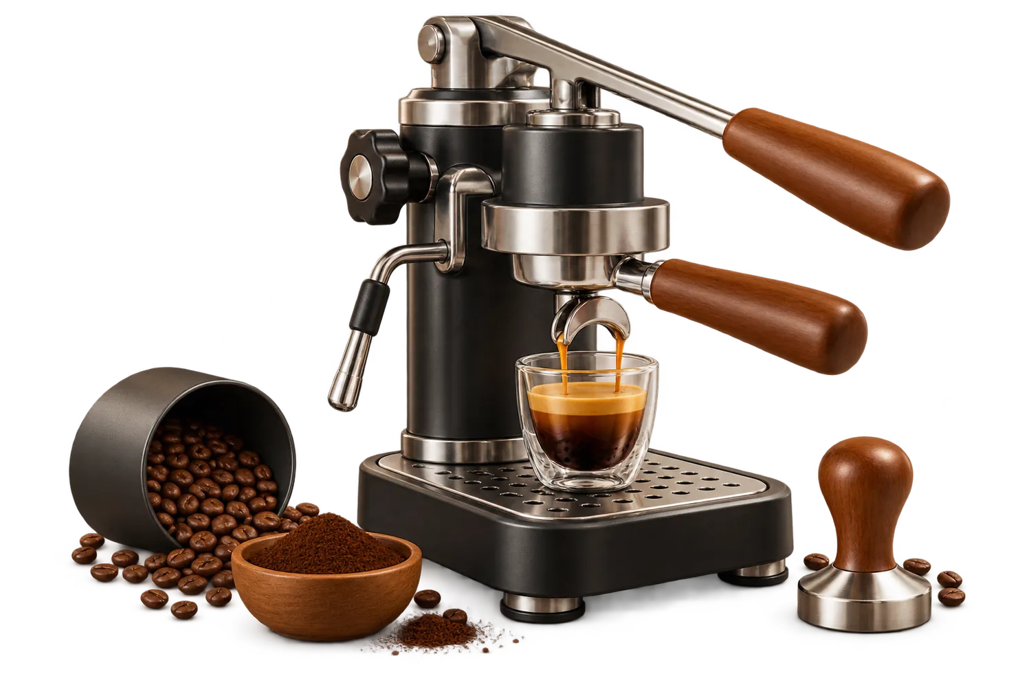 Une machine expresso à porte-filtre, un porte-filtre et un tasseur posés à côté