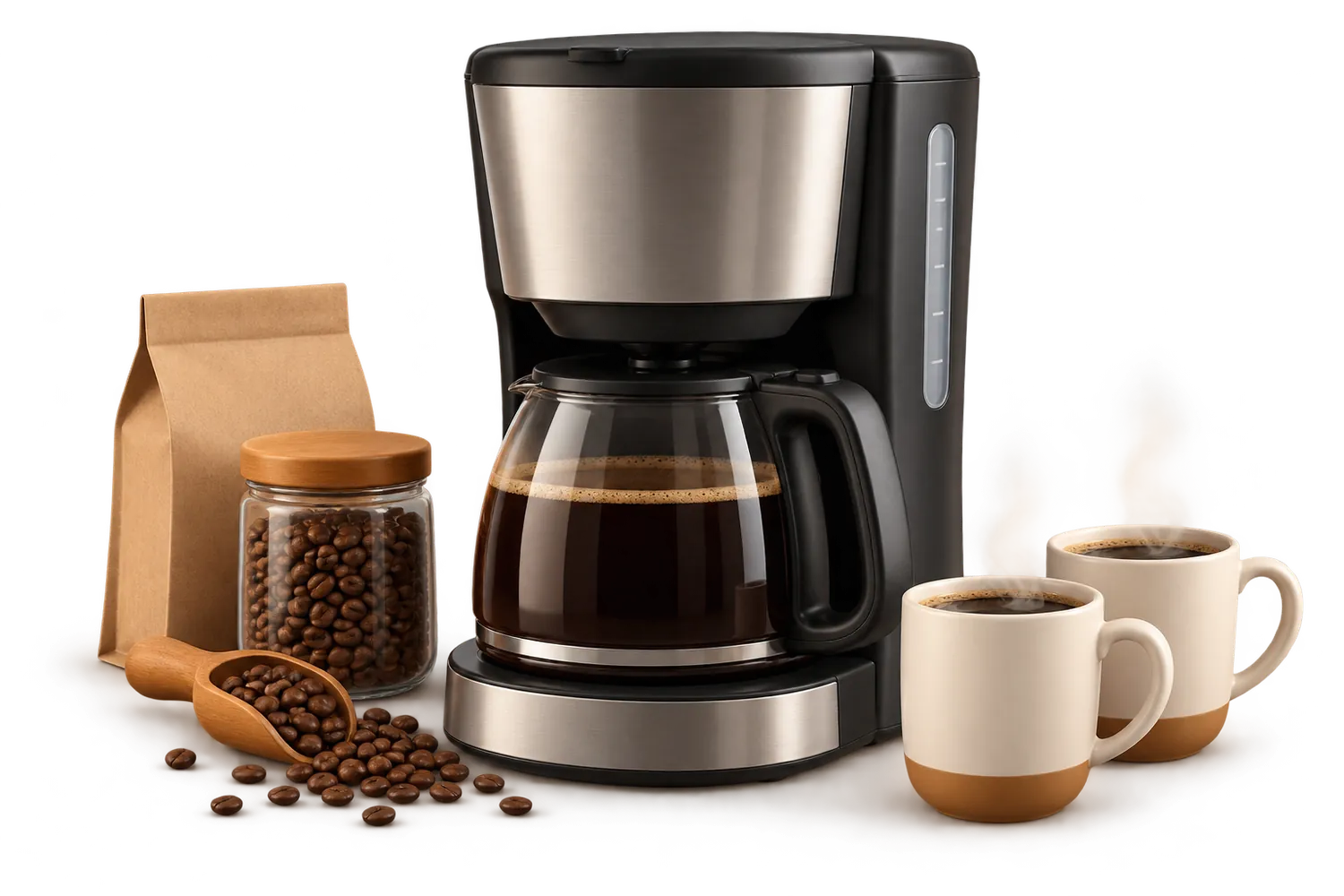 Une cafetière filtre et sa verseuse pleine de café