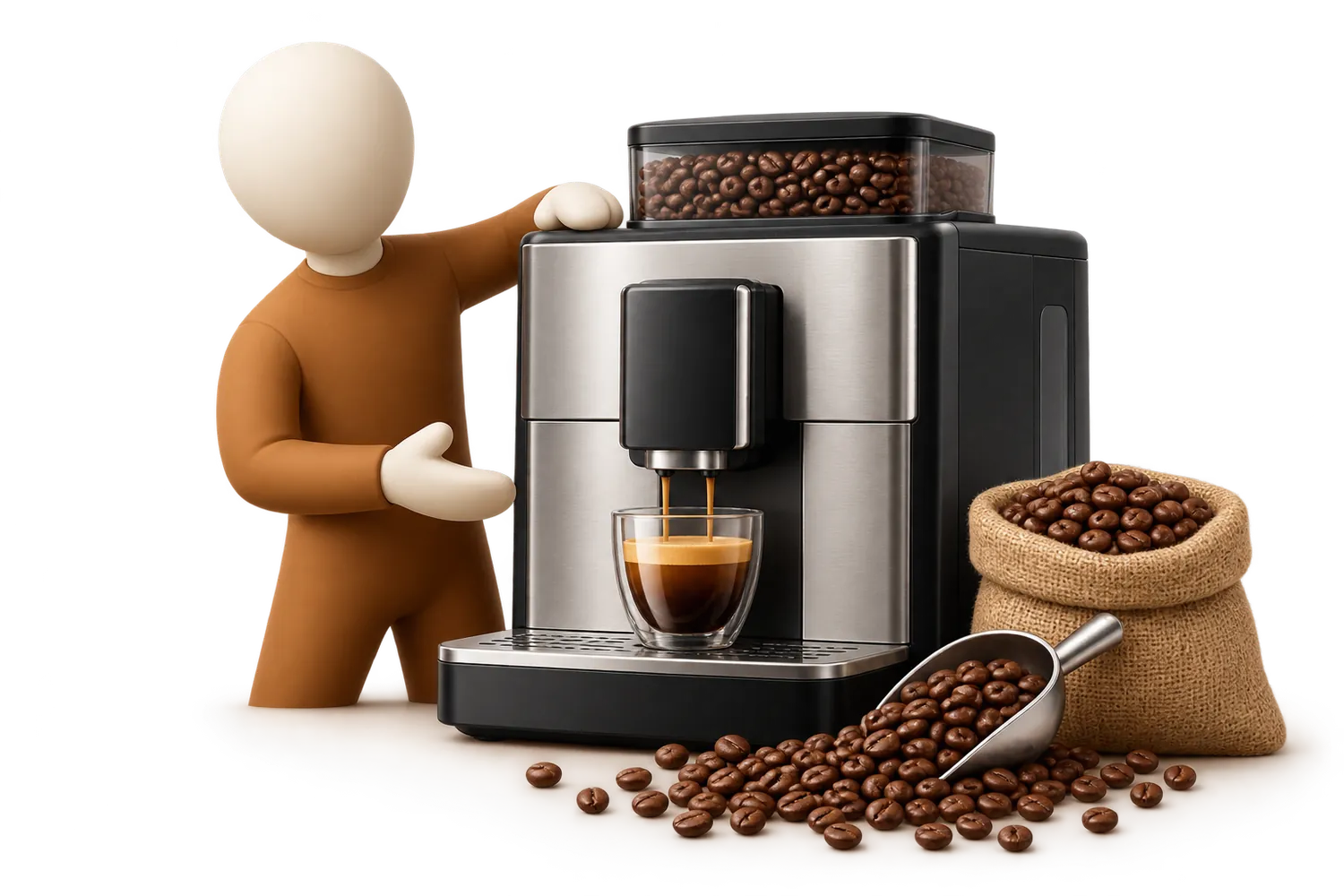 Une machine à café à grain sur un plan de travail, des grains de café dans la trémie