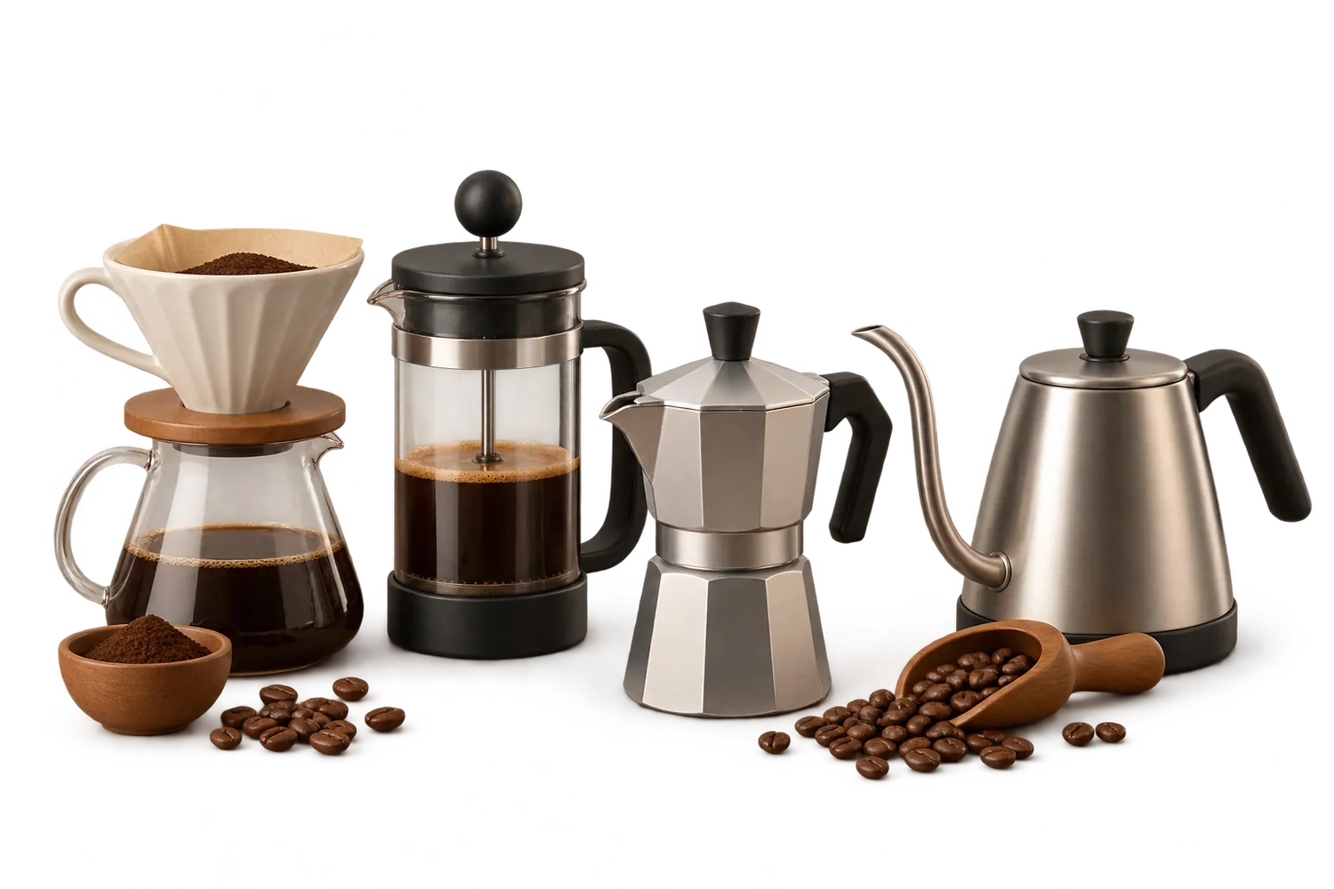 Une cafetière italienne, une cafetière à piston et un dripper en céramique